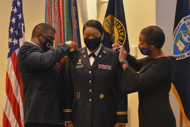 Col. Monica Lawson, who serves as the chief of recruiting for the Army chaplaincy, receives her colonel rank during a promotion ceremony Sept. 2, 2020. Lawson became the Army&#39;s first active-duty African-American female chaplain to be promoted to colonel. 