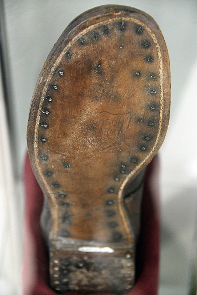 This boot, marked with the Munson Last (shoe mold) shield, has the thick sole, pliable material and other requirements of Edward Lyman Munson, for whom the health center is named. Munson redesigned the military shoe for a more supportive and...