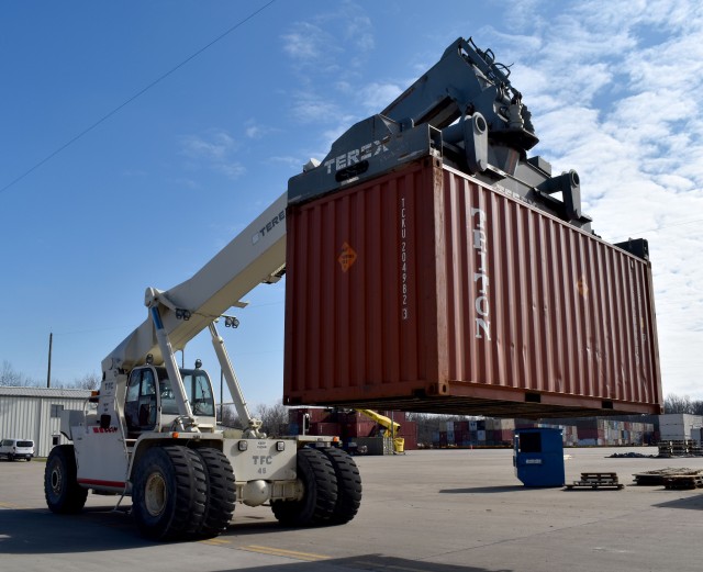 Ammo container being transported for placement on rail car on BGAD&#39;s primary out-loading platform.  