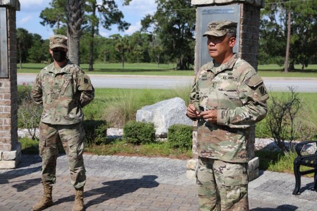 Maj. Gen. Tony Aguto, 3rd Infantry Division commanding general, speaks during a ceremony Sept. 1 at the 1st Armored Brigade Combat Team memorial on Fort Stewart about the actions of Sgt. Morgan Edginton, Headquarters and Headquarters Company, 2nd...