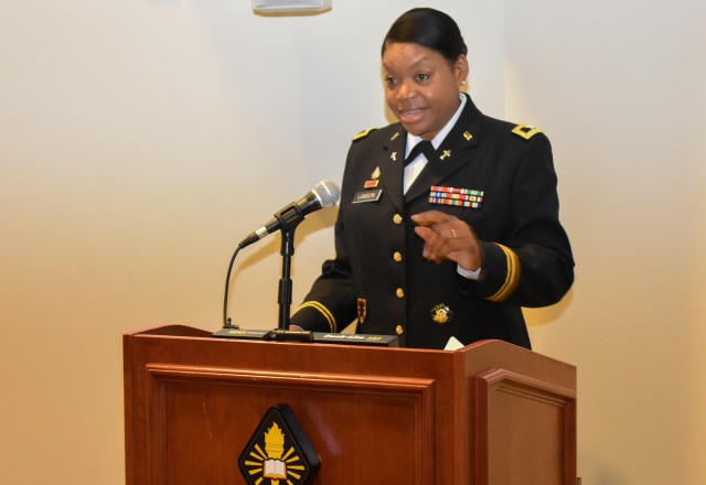 Col. Monica Lawson, who serves as the chief of recruiting for the Army chaplaincy, speaks during her promotion ceremony Sept. 2, 2020. Lawson became the Army&#39;s first active-duty African-American female chaplain to be promoted to colonel. 