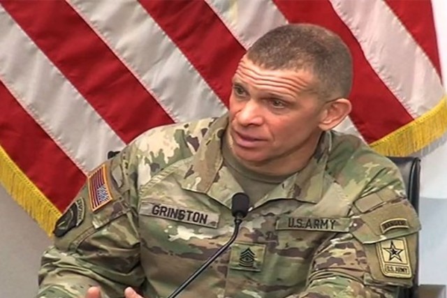 During the Aug. 20, Army Medicine Leadership Series lecture Sgt. Maj. of the Army Michael A. Grinston discusses the role of the squad leader or first-line leader, who he believes s the most influential leader on members of the squad in building...