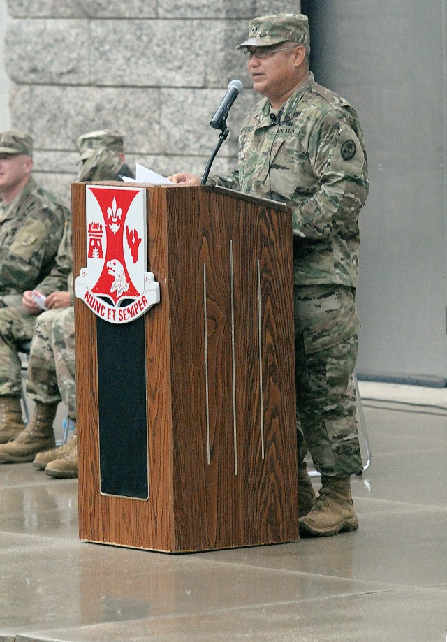 U.S. Army Maj. Gen. Roderick R. Leon Guerrero, Guam National Guard adjutant general, delivers a speech at the graduation ceremony for Class 18-01 Officer Candidate School at Mount Rushmore near Keystone, S.D., July 27, 2018. Guerrero was the guest speaker for the ceremony, which signified the transition to becoming an officer in the U.S. Army for the candidates.