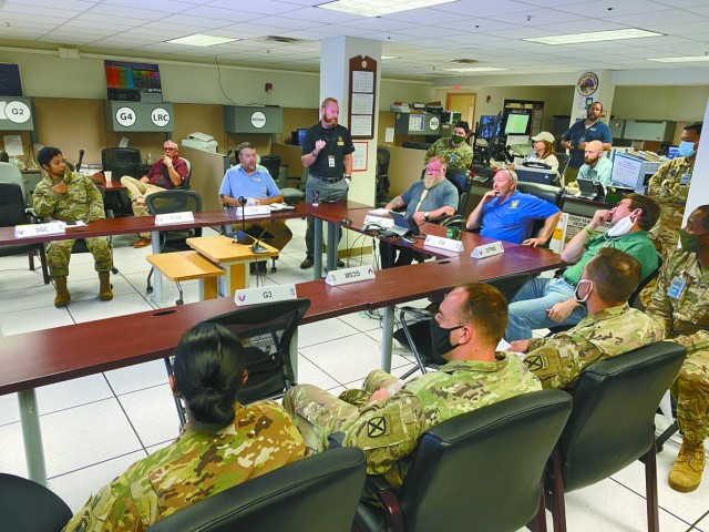 The Joint Readiness Training Center and Fort Polk Crisis Action Team conduct a  7 a.m. shift change briefing and prepare for a commander’s update. The briefing updates incoming personnel on the status of their program during the previous 12-hour...