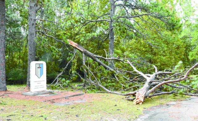 Like a silent sentinel, the monument dedicated to the 1st Maneuver Enhancement Brigade protects Warrior Memorial Park from Hurricane Laura’s wrath.