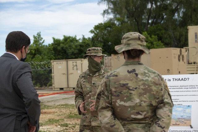 U.S. Secretary of Defense Dr. Mark T. Esper meets with Soldiers assigned to Echo Battery, Air Defense Artillery Regiment, Task Force Talon who maintain and operate the Terminal High Altitude Air Defense (THAAD) system at Andersen Air Force Base, Guam Aug. 29 2020. The primary purpose of the THAAD system is to defend against missile attacks. The system consists of a launcher, interceptors, fire control and communications equipment, and the AN/TPY-2 tracking radar. (U.S. Air Force photo by Senior Airman Amir Young)