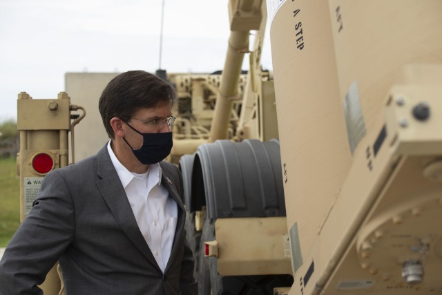 U.S. Secretary of Defense Dr. Mark T. Esper meets with Soldiers assigned to Echo Battery, Air Defense Artillery Regiment, Task Force Talon who maintain and operate the Terminal High Altitude Air Defense (THAAD) system at Andersen Air Force Base,...