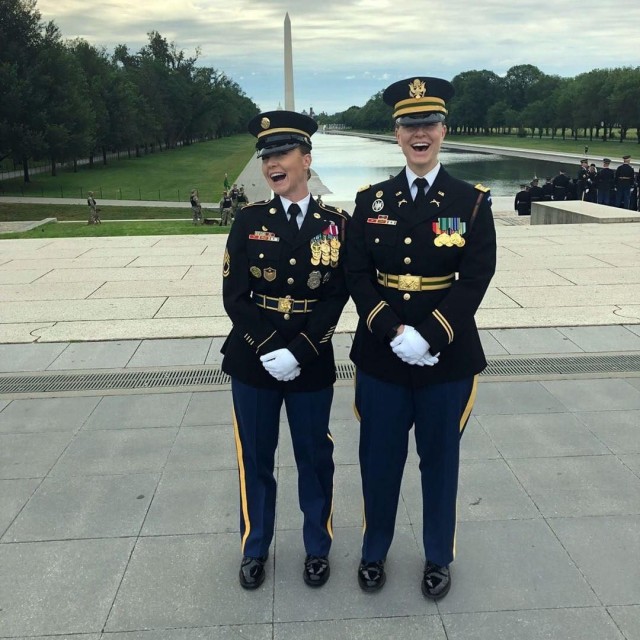 Sgt. 1st Class Chelsea Porterfield, left, and Capt. Tessa Knight became close friends after serving as platoon leaders in The Old Guard in 2018. Knight helped Porterfield cope with recovery from having suicidal thoughts. 