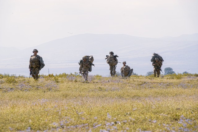 U.S. paratroopers, assigned to the 173rd Airborne Brigade, move to the assembly point after landing in the drop zone during Noble Partner 20 at Vaziani Training Area, Georgia, Sept. 1, 2020. Exercise Noble Partner is designed to enhance regional partnerships and increase U.S. force readiness and interoperability in a realistic, multinational training environment. The exercise allows participants to conduct airborne operations, situational training exercises, live-fire exercises and combined mechanized maneuvers.