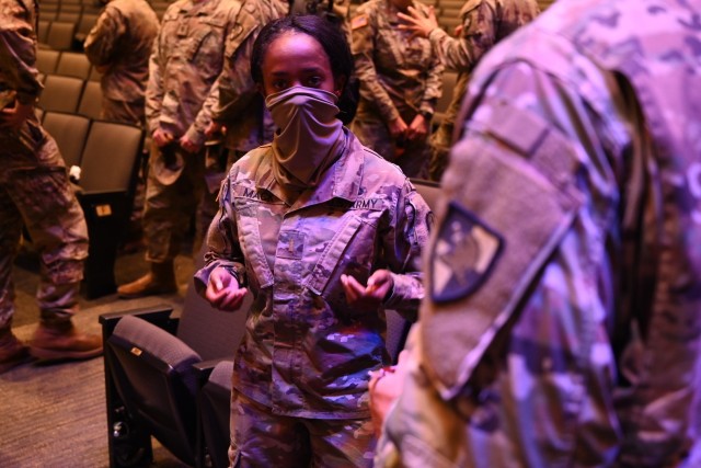 U.S. Army 2nd Lt. Vaniah Mack, 5th Battalion, 5th Air Defense Artillery, talks to cadets during a Profession of Arms panel. Branch Week is conducted once a year at West Point, NY. (U.S. Army photo by Don Herrick)