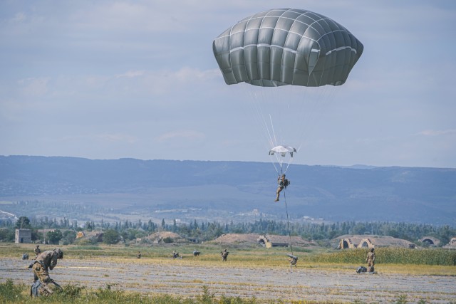 U.S. Soldier, assigned to the 173rd Airborne Brigade, begins to land at the drop zone in completion of the unit’s airborne assault during the Noble Partner 20 exercise at the Vaziani Training Area, Georgia, Sept. 1, 2020. Exercise Noble Partner is designed to enhance regional partnerships and increase U.S. force readiness and interoperability in a realistic, multinational training environment. The exercise allows participants to conduct situational training exercises, live-fire exercises and combined mechanized maneuvers. The 4th Squadron, 2d Cavalry Regiment (Sabers) will lead the exercise for 2d Cavalry Regiment.
