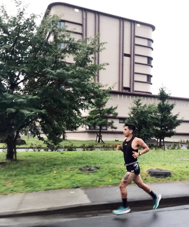 Spc. Max Ramirez, assigned to the 38th Air Defense Artillery Brigade, runs during his tryout for U.S. Army Japan’s Army Ten-Miler at Camp Zama, Japan, Sept. 3.
Photo by Sgt. 1st Class Cruzy Cruz