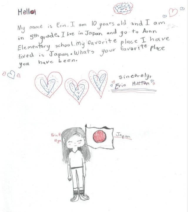 Naomi Coleman, 9, wrote this letter for “Letters Across the Pacific,” an initiative to celebrate the Month of the Military Child where children from Camp Zama in Japan, Schofield Barracks in Hawaii, Camp Walker in Daegu, South Korea, and Fort...