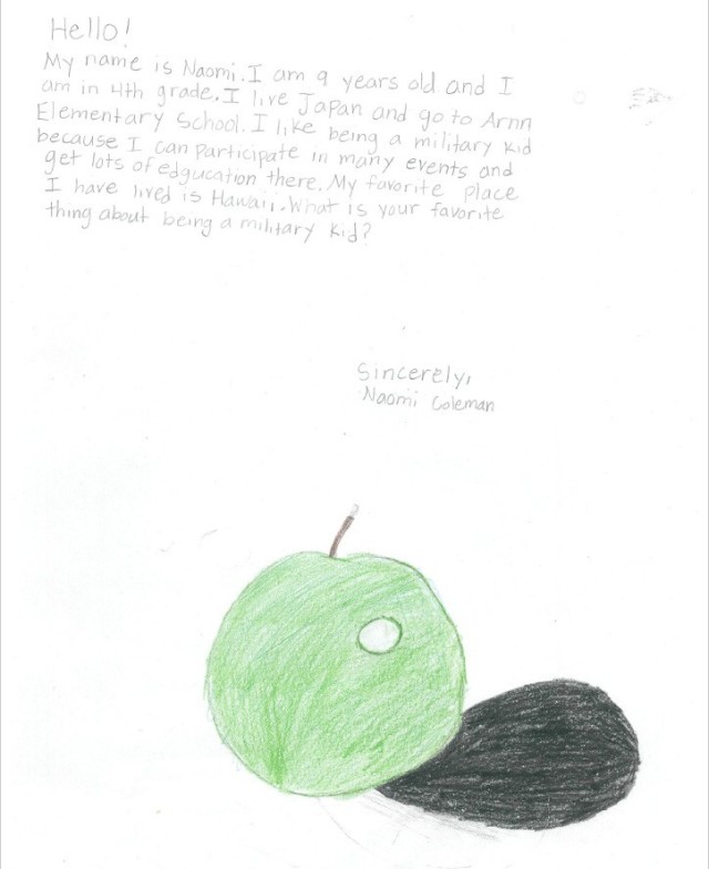 Naomi Coleman, 9, wrote this letter for “Letters Across the Pacific,” an initiative to celebrate the Month of the Military Child where children from Camp Zama in Japan, Schofield Barracks in Hawaii, Camp Walker in Daegu, South Korea, and Fort...
