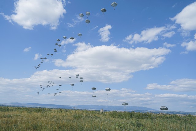 U.S. paratroopers, assigned to the 173rd Airborne Brigade, begin their landing at the drop zone during the Noble Partner 20 exercise at Vaziani Training Area, Georgia, Sept. 1, 2020. Exercise Noble Partner is designed to enhance regional partnerships and increase U.S. force readiness and interoperability in a realistic, multinational training environment. The exercise allows participants to conduct airborne operations, situational training exercises, live-fire exercises and combined mechanized maneuvers.