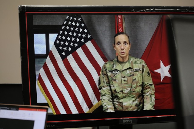 Brig. Gen. Susan Henderson, commanding general of the 4th Expeditionary Sustainment Command gives her opening remarks during the first virtual Stand for Life suicide prevention training event with 79 suicide prevention liaisons across Army Reserve...