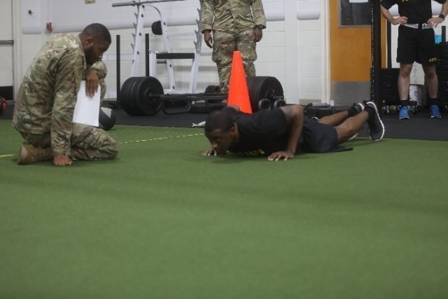 Sergeant Marlon Smith, Arkansas Army National Guard, gets ready to start the hand-release pushup portion of the Army Combat Fitness Test. The ACFT was held Aug. 28 during phase two of the 2020 Region V Best Warrior Competition at Camp Robinson, Ark.