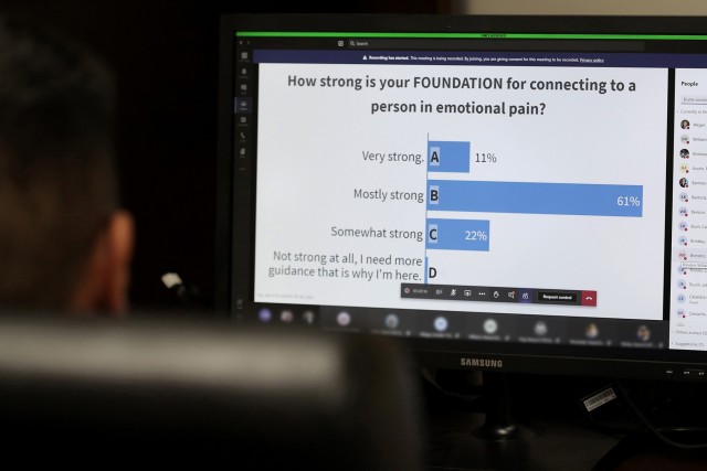 Army Reserve suicide prevention liaisons respond to a polling question utilizing a text application during the first virtual Stand for Life suicide prevention training event with 79 suicide prevention liaisons across Army Reserve units throughout...