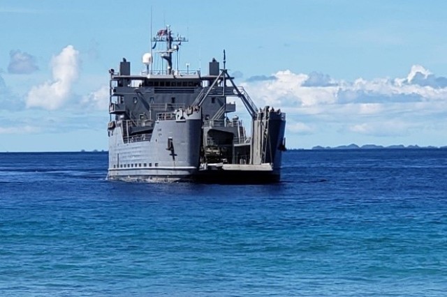 The U.S. Army logistic support vessel LTG William B. Bunker (LSV-4) arrives at Angaur, Palau, Sept. 7. The 8th Theater Sustainment Command and 17th Field Artillery Brigade used LSV-4 to move High Mobility Artillery Rocket Systems from Guam to practice force projection and expeditionary sustainment as part of Defender Pacific 20, a joint exercise that demonstrates strategic readiness by deploying combat credible forces across the Indo-Pacific Theater of operations. &#34;The LSVs provide critical movement and maneuver capabilities in support of the joint force,&#34; said Maj. Gen. David Wilson, commanding general, 8th Theater Sustainment Command, &#34;which is critical for theater opening, distribution and sustainment in support of the [Theater Joint Force Land Component Commander] and Joint Force Commander.&#34;