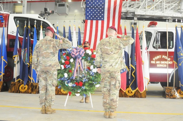 JRTC and Fort Polk Command Sgt. Maj. Michael C. Henry (left), Sgt. 1st Class Adriana S. Fox, JRTC Operations Group (center), and Brig. Gen. Patrick D. Frank, commander, JRTC and Fort Polk, place a wreath in memory of those killed in terrorist...