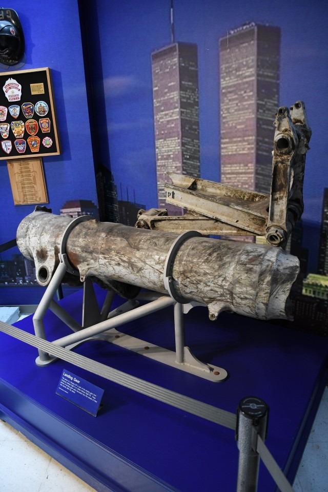 At the 9/11 display inside Clark Hall is a piece of a Boeing 767 landing gear that was recovered from the streets of New York City after the attack on the World Trade Center. (Photo by Mike Strasser, Fort Drum Garrison Public Affairs)