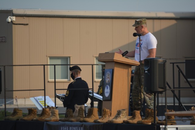 CHIÈVRES, Belgium – Col. James Yastrzemsky, U.S. Army Garrison Benelux commander, delivers remarks. At three of its locations in two of its host nations, USAG Benelux observed the 19th anniversary of 9/11 with a “We Remember” event and a...