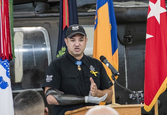 U.S. Army Master Sgt. (Ret.), and Medal of Honor recipient, Leroy Petry addresses a group of U.S. Army Advanced Individual Training students at a military resiliency training session aimed at bringing awareness to suicide prevention within the...