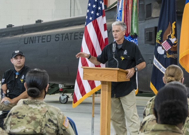 Frank Larkin, a former Navy Seal who lost his son to suicide addresses a group of U.S. Army Advanced Individual Training students at a military resiliency training session aimed at bringing awareness to suicide prevention within the Army at an...