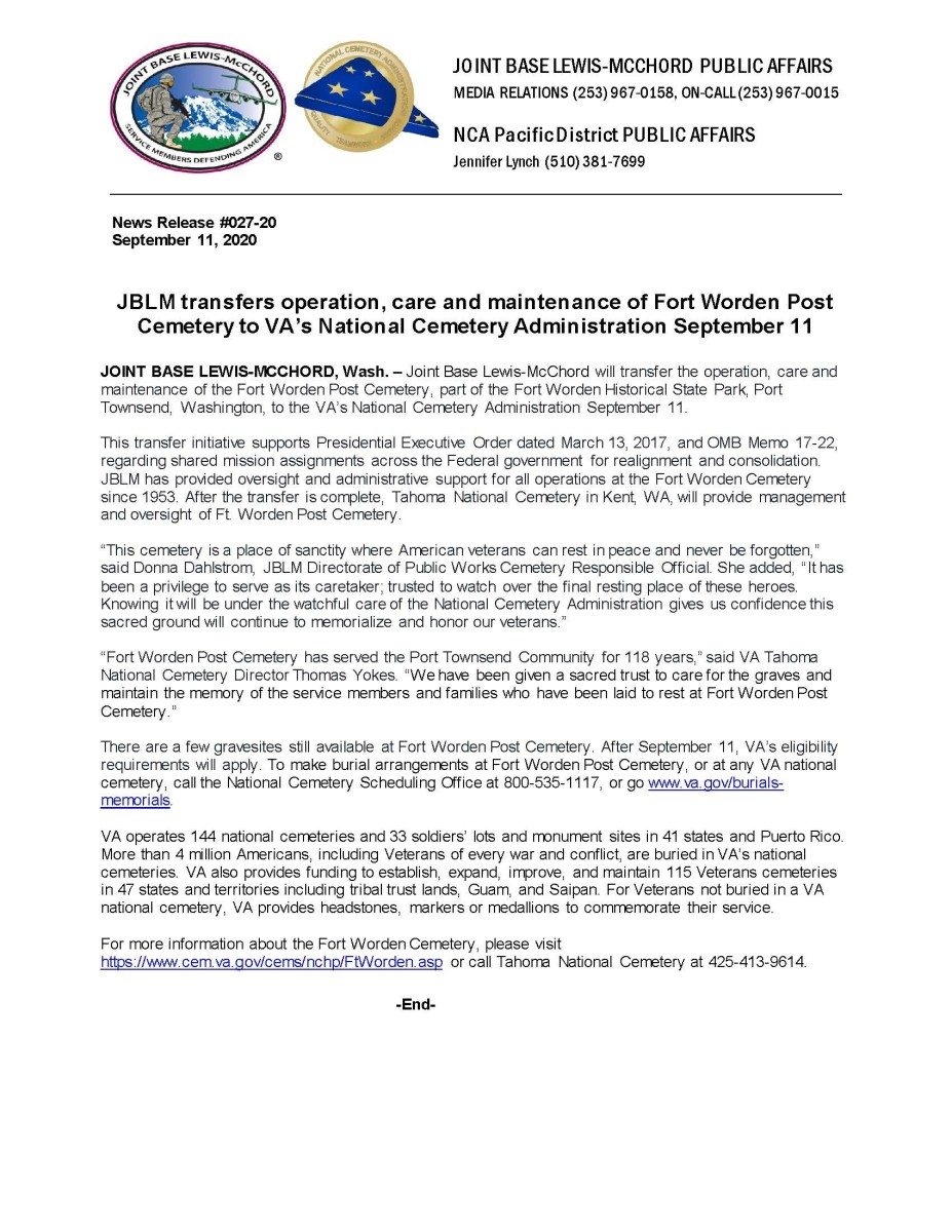 JBLM transfers operation of Fort Worden Post Cemetery to VA Article