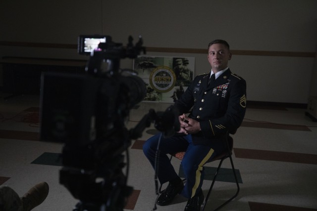 Staff Sgt. Benjamin Latham, a U.S. Army Reserve combat engineer representing the 108th Training Command (Initial Entry Training), prepares for an interview following a presentation board during the 2020 U.S. Army Reserve Best Warrior Competition...