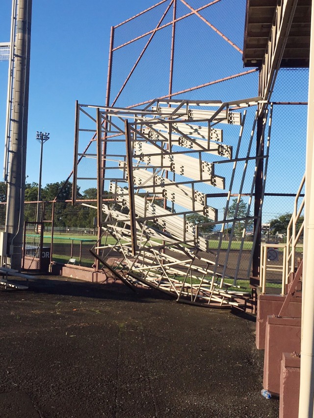 Typhoon Hagibis damaged bleachers at Rambler Field, Camp Zama, Japan, in October 2019.