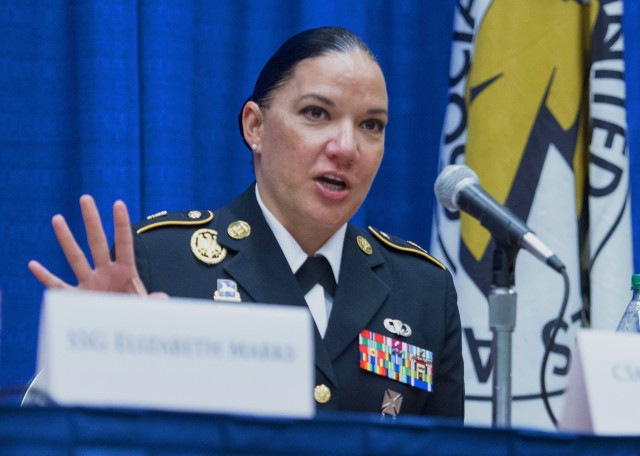 Sgt. Maj. Julie Guerra, now the Army G-2 sergeant major, speaks during an Army Women&#39;s Foundation professional development panel at the 2017 Association of the U.S. Army Annual Meeting & Exhibition on Oct. 9, 2017. Guerra grew up in a lower income household in Tuscon, Ariz., with five siblings before enlisting in the Army. 