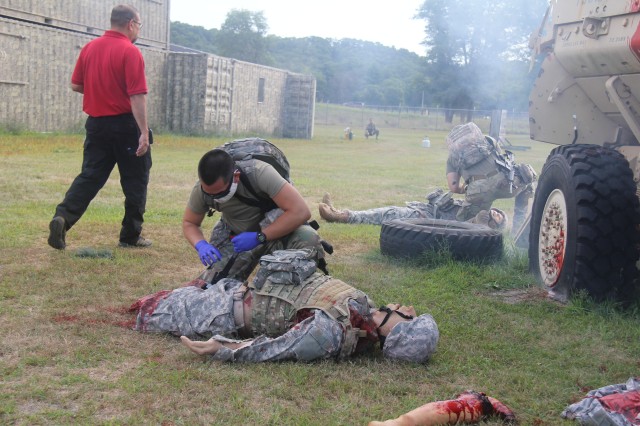 A member of the 807th Medical Command of Salt Lake City, Utah, works on a medical mannequin during a training scenario during the unit's 68W (combat medic specialist) refresher training Aug. 21 at Fort McCoy. The refresher training is conducted by...