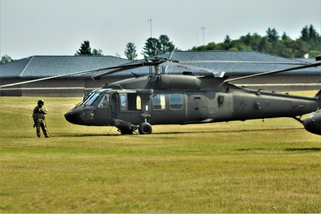 An aircrew with the Wisconsin National Guard's 1st Battalion, 147th Aviation Regiment operate a UH-60 Black Hawk helicopter Aug. 13, 2020, at Fort McCoy, Wis. Members of the unit regularly complete training operations at Fort McCoy and the unit...