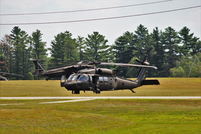 An aircrew with the Wisconsin National Guard's 1st Battalion, 147th Aviation Regiment operate a UH-60 Black Hawk helicopter Aug. 13, 2020, at Fort McCoy, Wis. Members of the unit regularly complete training operations at Fort McCoy and the unit...