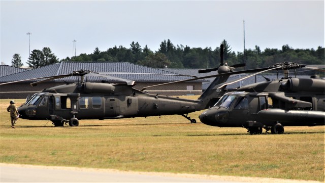 An aircrew with the Wisconsin National Guard's 1st Battalion, 147th Aviation Regiment operate a UH-60 Black Hawk helicopter Aug. 13, 2020, at Fort McCoy, Wis. Members of the unit regularly complete training operations at Fort McCoy and the unit...