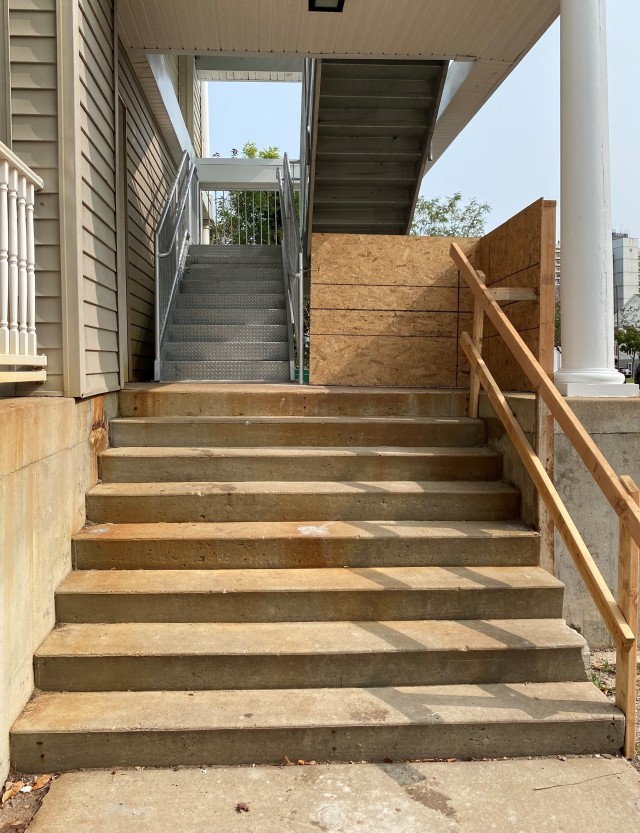 The stairwell repair in the Doubleday Village garden apartments is near completion. As current home renovation work totaling $8.5M winds down to completion, follow-on work totaling over $15 million is postured and ready to commence. (U.S. Army photo by Connie Dillon)