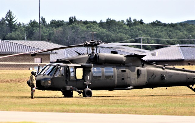 An aircrew with the Wisconsin National Guard's 1st Battalion, 147th Aviation Regiment operate a UH-60 Black Hawk helicopter Aug. 13, 2020, at Fort McCoy, Wis. Members of the unit regularly complete training operations at Fort McCoy and the unit...