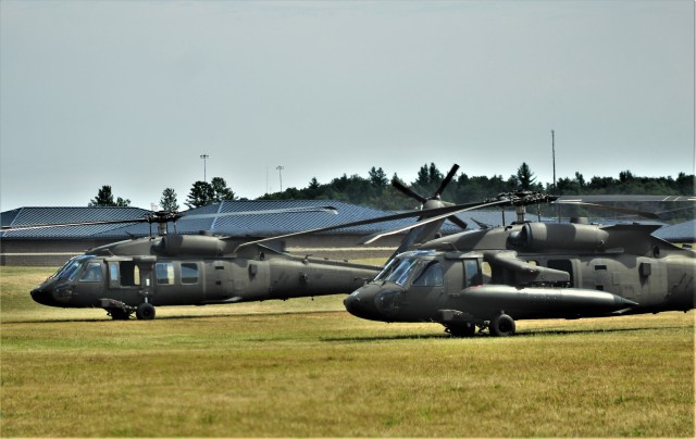 UH-60 Black Hawk helicopters with the Wisconsin National Guard’s 1st Battalion, 147th Aviation Regiment are shown Aug. 13, 2020, at Fort McCoy, Wis. Members of the unit regularly complete training operations at Fort McCoy and the unit also...