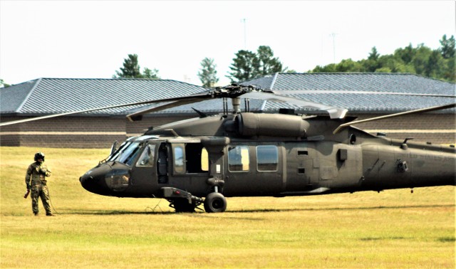 An aircrew with the Wisconsin National Guard's 1st Battalion, 147th Aviation Regiment operate a UH-60 Black Hawk helicopter Aug. 13, 2020, at Fort McCoy, Wis. Members of the unit regularly complete training operations at Fort McCoy and the unit...