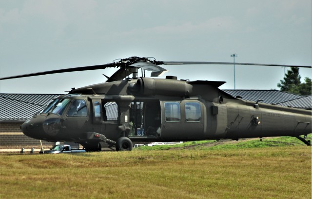 A UH-60 Black Hawk helicopter with the Wisconsin National Guard’s 1st Battalion, 147th Aviation Regiment is shown Aug. 13, 2020, at Fort McCoy, Wis. Members of the unit regularly complete training operations at Fort McCoy and the unit also...