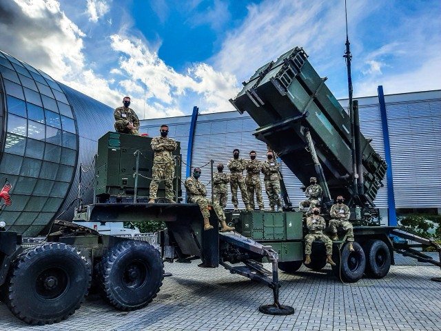 Soldiers from Alpha Battery, 5th Battalion, 7th Air Defense Artillery Regiment on a Patriot Launching System at the 28th International Defense Industry Exhibition MSPO 2020 on Sept 9, 2020 in Targi Kielce, Poland.