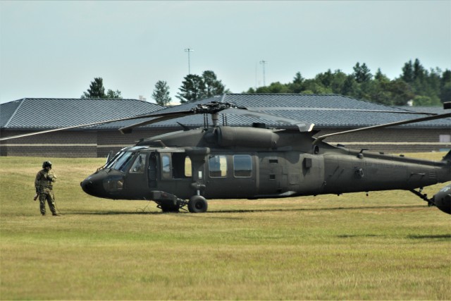An aircrew with the Wisconsin National Guard's 1st Battalion, 147th Aviation Regiment operate a UH-60 Black Hawk helicopter Aug. 13, 2020, at Fort McCoy, Wis. Members of the unit regularly complete training operations at Fort McCoy and the unit...