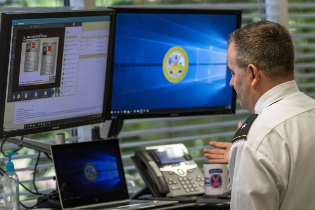 Brig. Gen. Mark S. Bennett, U.S. Army Financial Management Command commanding general, explains U.S. Army Materiel Command and USAFMCOM priorities to a virtual audience during a virtual Theater Orientation Conference at the Maj. Gen. Emmett J....