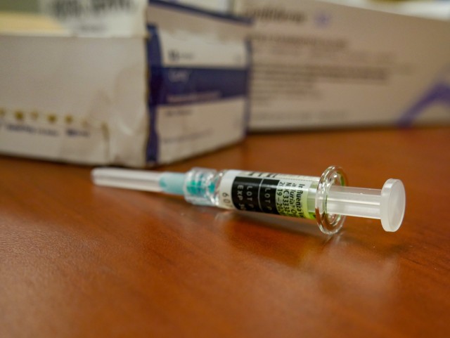 A flu shot vaccination sits on a table at 184th Sustainment Command headquarters in Monticello, Mississippi on Feb. 8, 2020. The single best way to prevent seasonal flu is to get vaccinated each year, but good wellness habits like covering your cough and washing your hands often can help prevent the spread of germs. (Mississippi Army National Guard photo by Staff Sgt. Veronica McNabb)