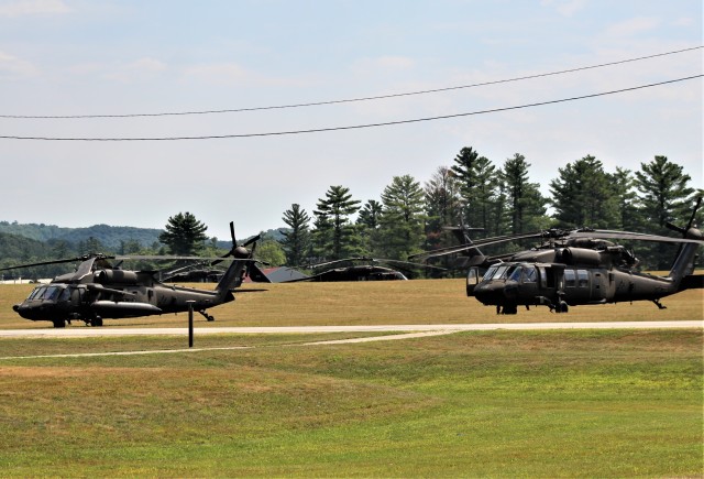 An aircrew with the Wisconsin National Guard's 1st Battalion, 147th Aviation Regiment operate a UH-60 Black Hawk helicopter Aug. 13, 2020, at Fort McCoy, Wis. Members of the unit regularly complete training operations at Fort McCoy and the unit...