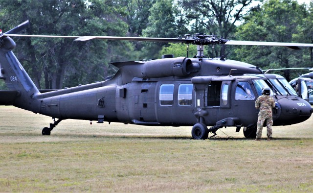 An aircrew with the Wisconsin National Guard's 1st Battalion, 147th Aviation Regiment operate a UH-60 Black Hawk helicopter Aug. 13, 2020, at Fort McCoy, Wis. Members of the unit regularly complete training operations at Fort McCoy and the unit...