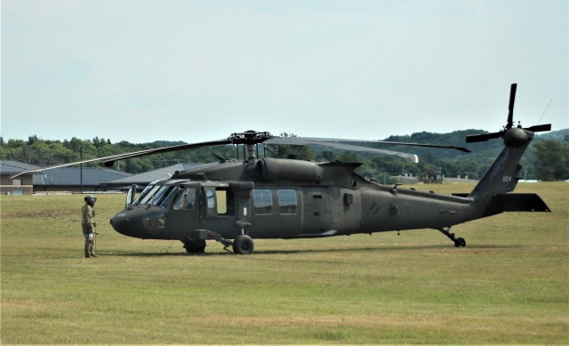 An aircrew with the Wisconsin National Guard's 1st Battalion, 147th Aviation Regiment operate a UH-60 Black Hawk helicopter Aug. 13, 2020, at Fort McCoy, Wis. Members of the unit regularly complete training operations at Fort McCoy and the unit...