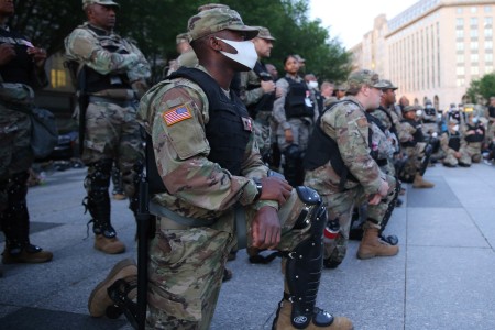 District of Columbia National Guard soldiers and airmen receive final preparation briefing before taking their positions to assist local authorites at barricade sites in Washington, D.C. on May 31, 2020. District of Columbia National Guard has supported the local communities throughout numerous occasions ranging from  parade celebrations to natural disasters. 
