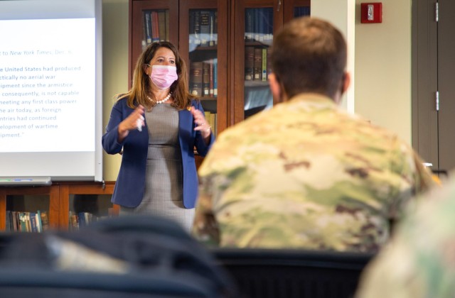 Michele Pearce, the Army&#39;s principal deputy general counsel, speaks with cadets in the Department of Law during her visit to West Point, N.Y., Sept. 8, 2020. If confirmed by the Senate, Pearce will become the first Hispanic-American woman to serve as the Army&#39;s general counsel. 